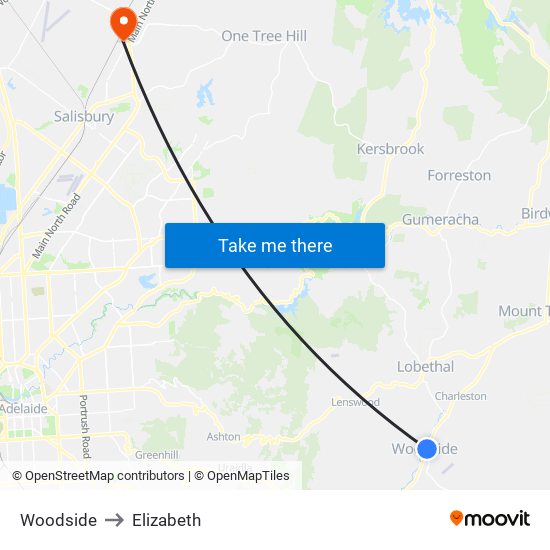 Woodside to Elizabeth map