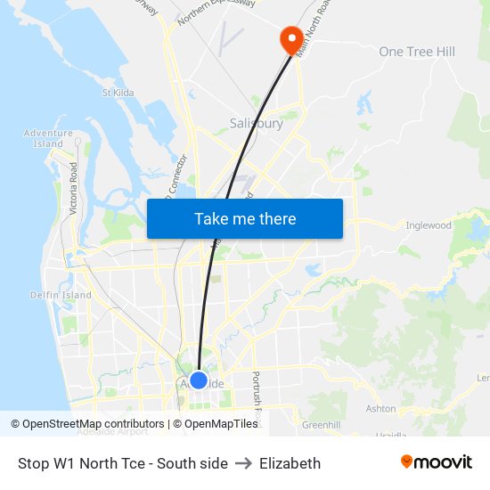 Stop W1 North Tce - South side to Elizabeth map