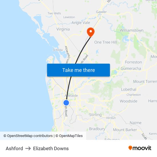 Ashford to Elizabeth Downs map