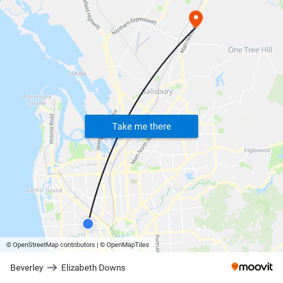 Beverley to Elizabeth Downs map