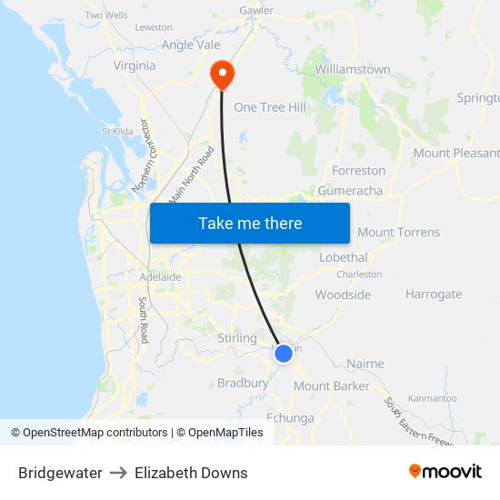 Bridgewater to Elizabeth Downs map