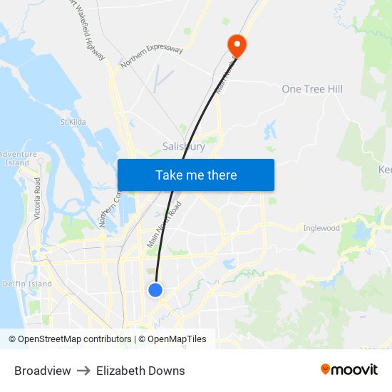 Broadview to Elizabeth Downs map