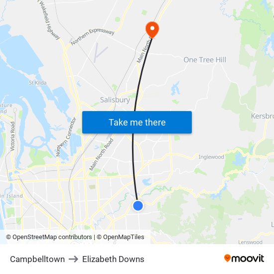 Campbelltown to Elizabeth Downs map