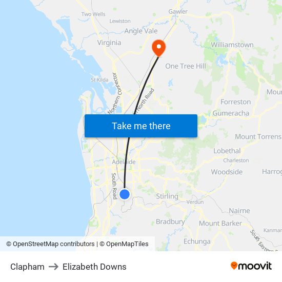 Clapham to Elizabeth Downs map