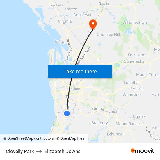 Clovelly Park to Elizabeth Downs map