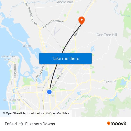 Enfield to Elizabeth Downs map