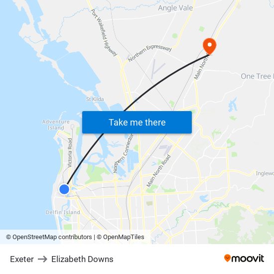 Exeter to Elizabeth Downs map