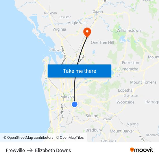 Frewville to Elizabeth Downs map