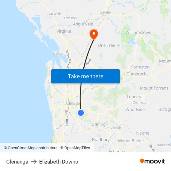 Glenunga to Elizabeth Downs map