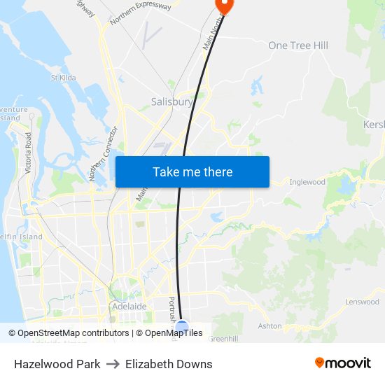 Hazelwood Park to Elizabeth Downs map