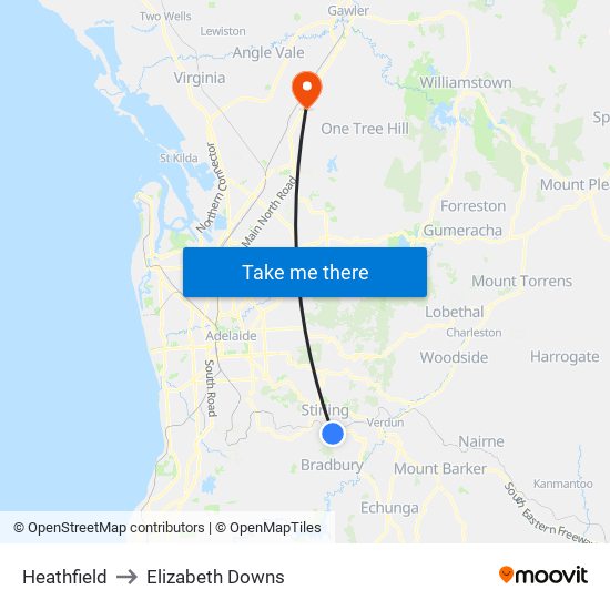 Heathfield to Elizabeth Downs map