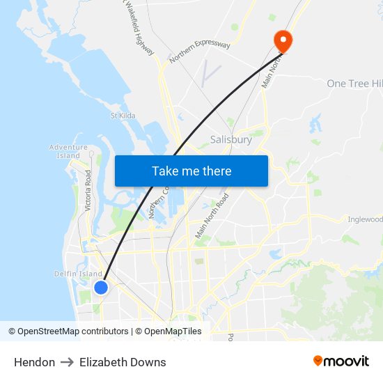 Hendon to Elizabeth Downs map