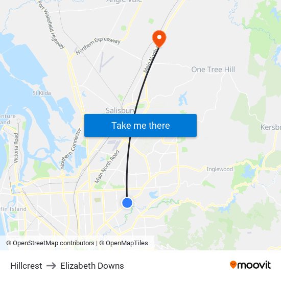 Hillcrest to Elizabeth Downs map