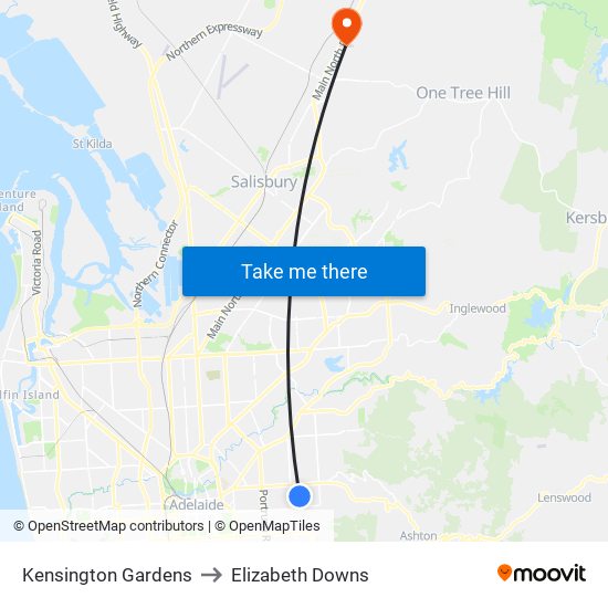 Kensington Gardens to Elizabeth Downs map