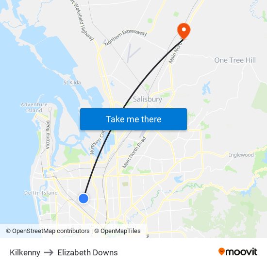 Kilkenny to Elizabeth Downs map