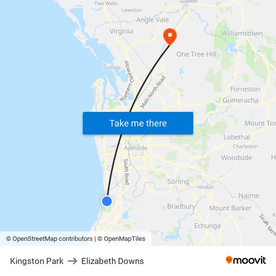 Kingston Park to Elizabeth Downs map