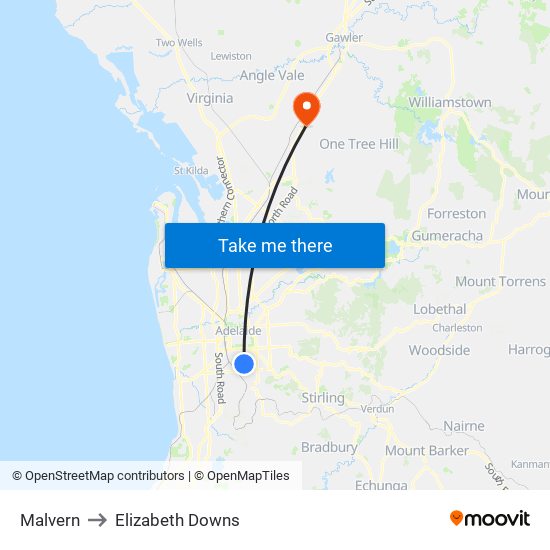Malvern to Elizabeth Downs map