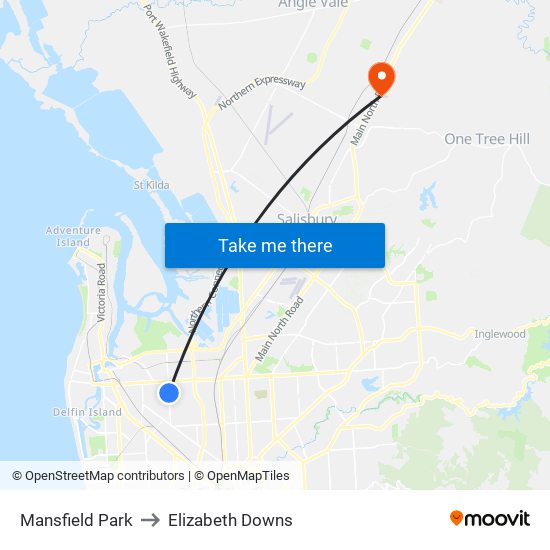 Mansfield Park to Elizabeth Downs map