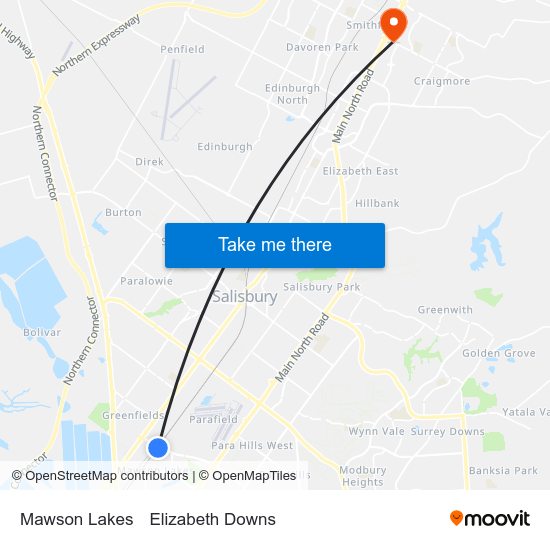 Mawson Lakes to Elizabeth Downs map