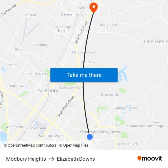 Modbury Heights to Elizabeth Downs map