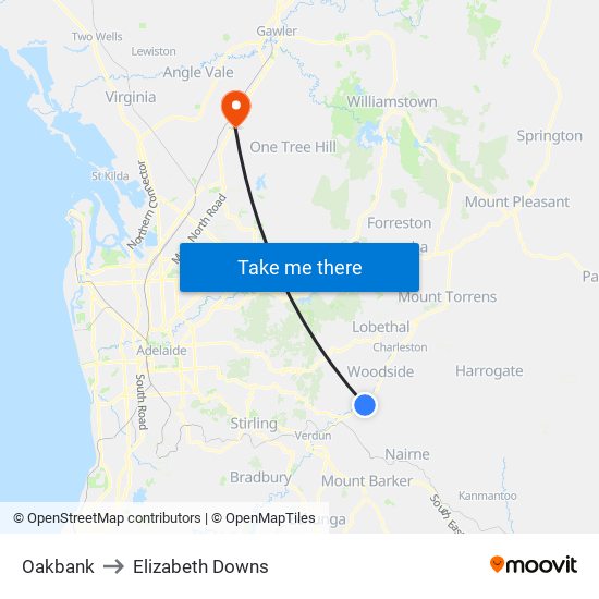 Oakbank to Elizabeth Downs map