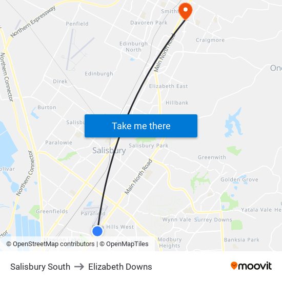 Salisbury South to Elizabeth Downs map