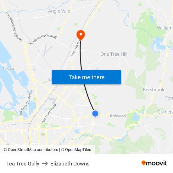 Tea Tree Gully to Elizabeth Downs map