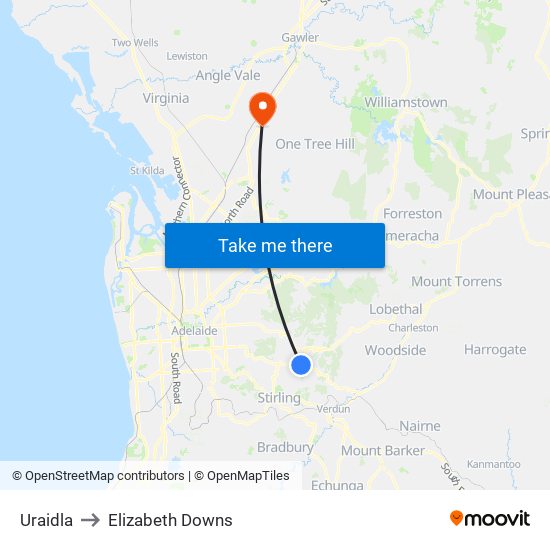 Uraidla to Elizabeth Downs map