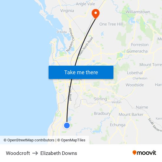 Woodcroft to Elizabeth Downs map