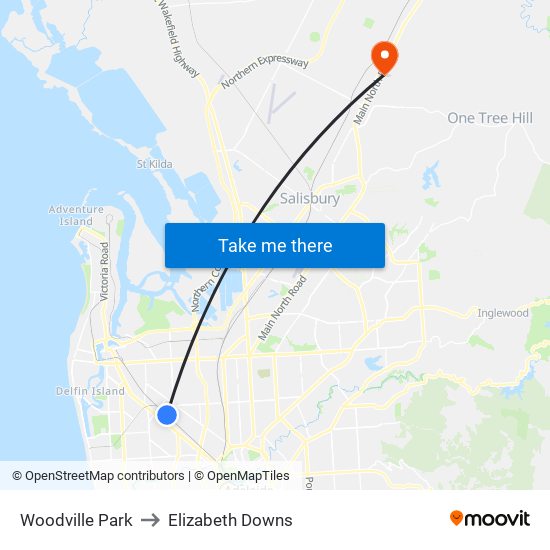 Woodville Park to Elizabeth Downs map