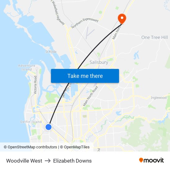 Woodville West to Elizabeth Downs map