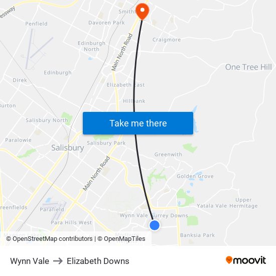 Wynn Vale to Elizabeth Downs map