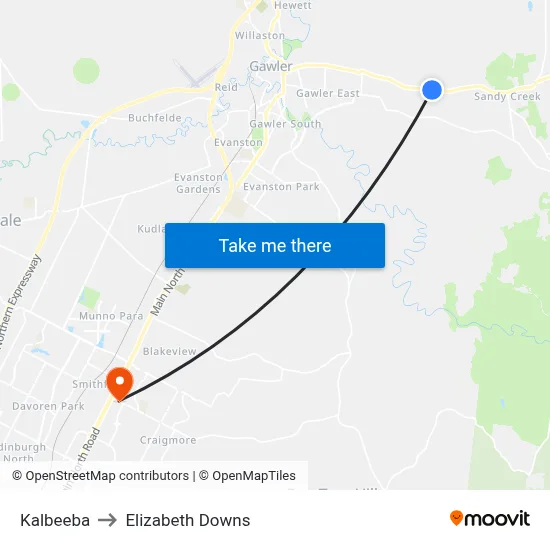 Kalbeeba to Elizabeth Downs map