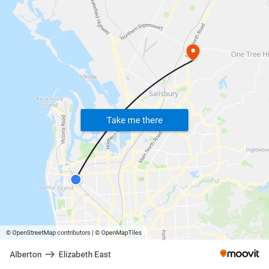 Alberton to Elizabeth East map