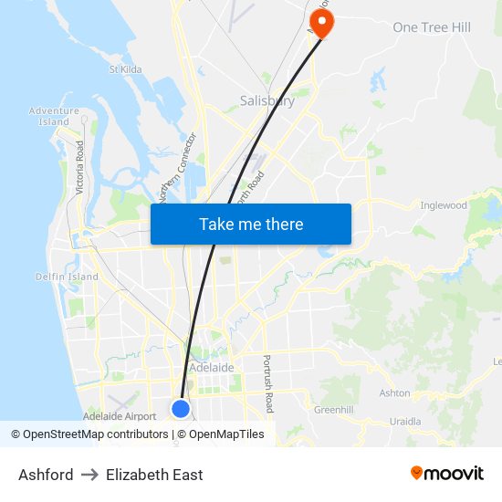 Ashford to Elizabeth East map