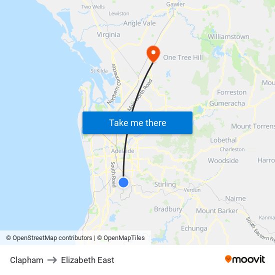 Clapham to Elizabeth East map