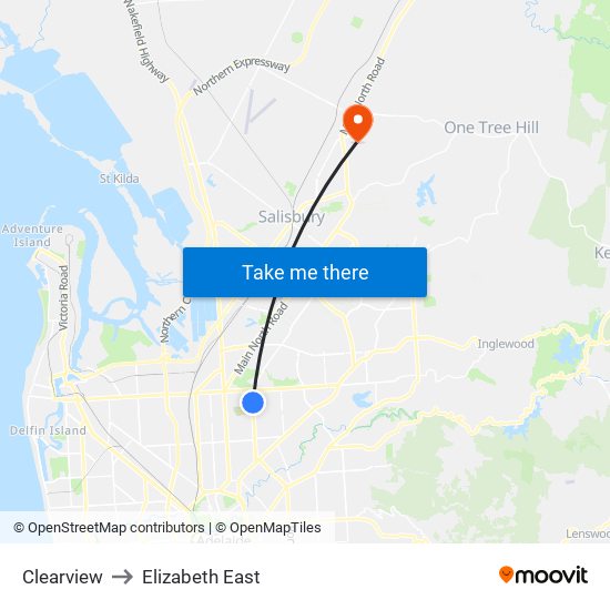 Clearview to Elizabeth East map