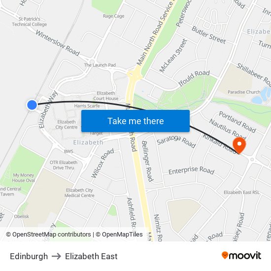 Edinburgh to Elizabeth East map