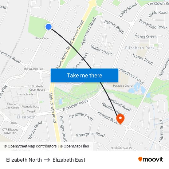 Elizabeth North to Elizabeth East map