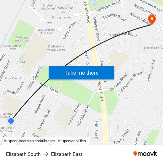 Elizabeth South to Elizabeth East map