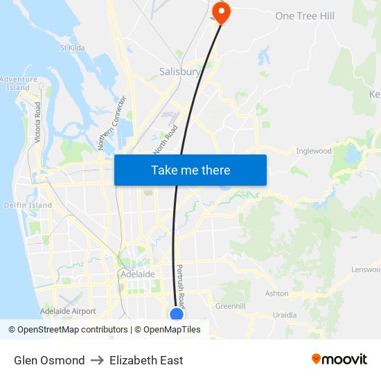 Glen Osmond to Elizabeth East map