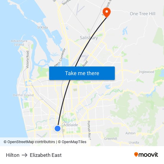 Hilton to Elizabeth East map