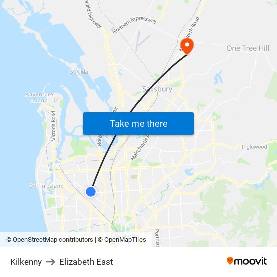 Kilkenny to Elizabeth East map