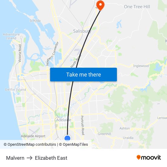 Malvern to Elizabeth East map