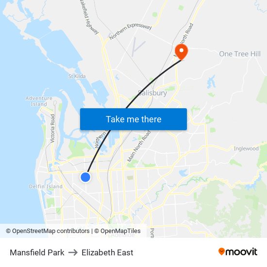 Mansfield Park to Elizabeth East map