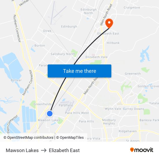 Mawson Lakes to Elizabeth East map