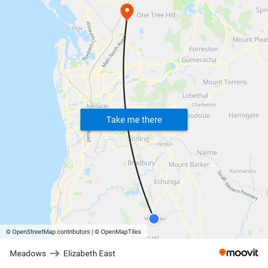 Meadows to Elizabeth East map