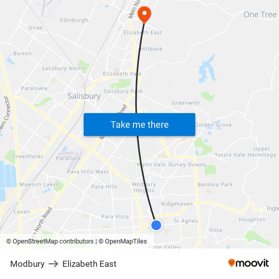 Modbury to Elizabeth East map