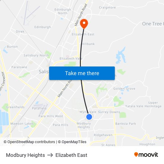 Modbury Heights to Elizabeth East map