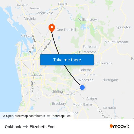 Oakbank to Elizabeth East map